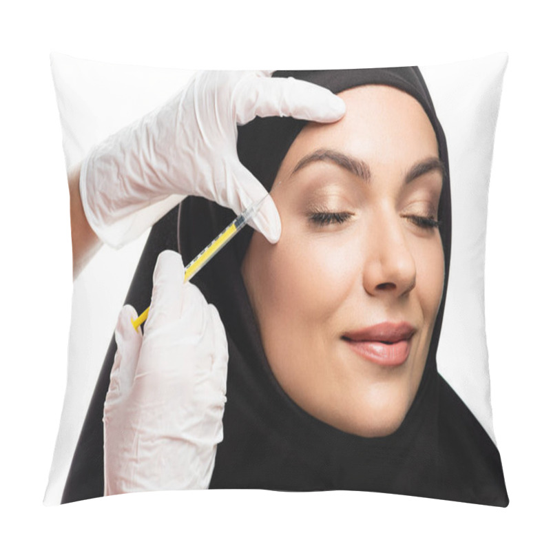 Personality  Young Muslim Woman In Hijab With Closed Eyes Having Beauty Injection Isolated On White Pillow Covers