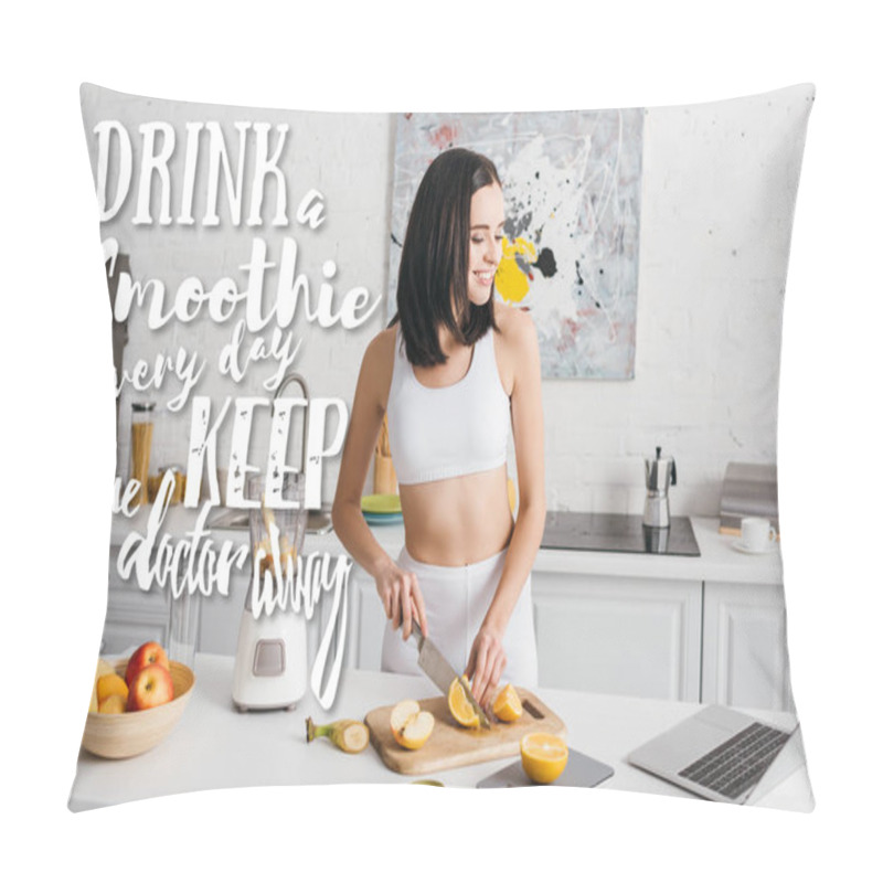 Personality  Smiling Fit Sportswoman Looking At Laptop While Cutting Fruits Near Blender On Kitchen Table, Drink A Smoothie Every Day And Keep The Doctor Away Illustration Pillow Covers