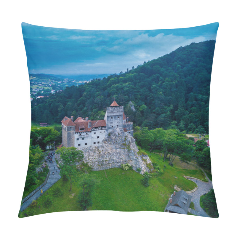 Personality  Aerial Panorama View Of The Medieval Bran Castle, Known For The Myth Of Dracula , Dracula Castle In Brasov, Transylvania. Romania. Pillow Covers