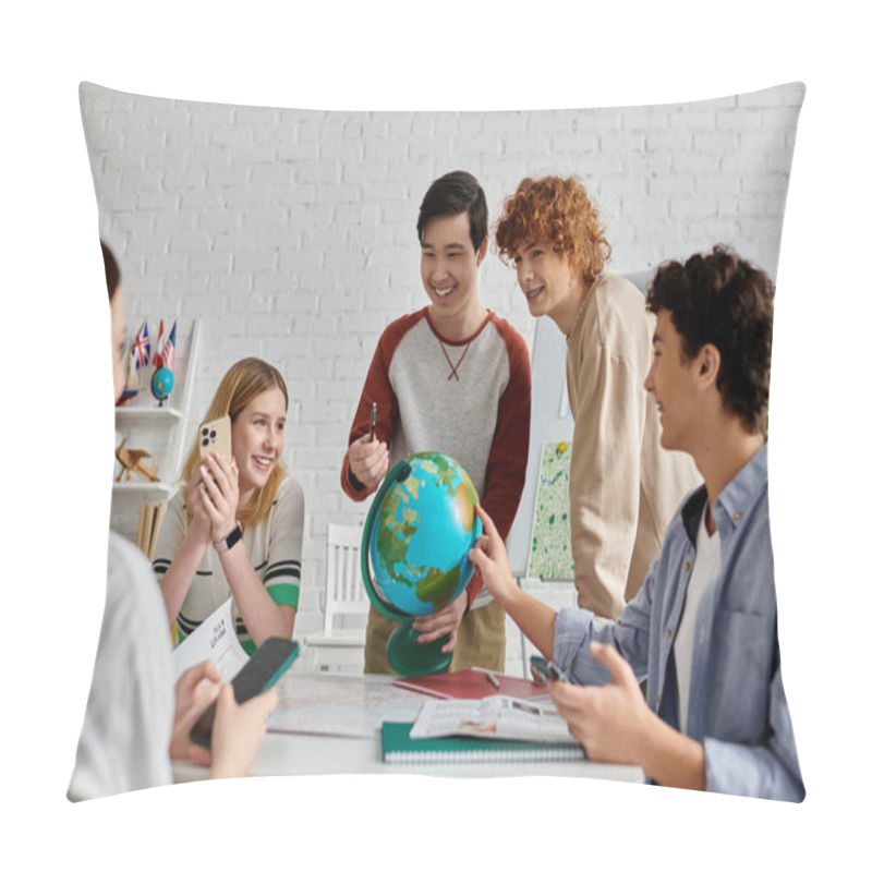 Personality  Teenagers Gather Around Globe For Model UN, Discussing Global Issues And Fostering Diplomacy. Pillow Covers