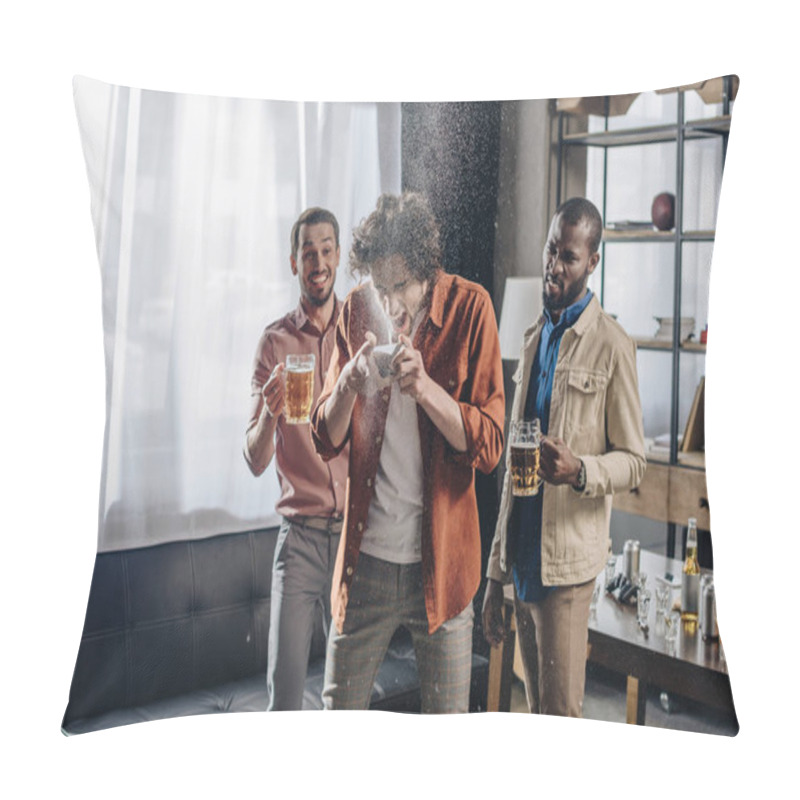 Personality  Laughing Multiethnic Friends Looking At Man Drinking Beer From Can  Pillow Covers