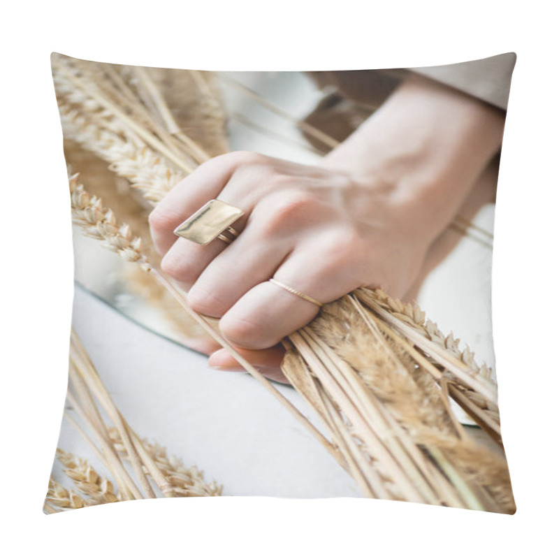 Personality  Cropped View Of Female Hand With Golden Rings On Fingers Holding Bunch Of Wheat  Pillow Covers