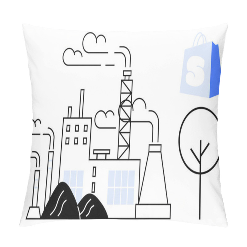 Personality  A Factory Emitting Smoke, A Tree, And A Shopping Bag Icon. Ideal For Commerce, Environment, Industrial Impact, Retail, Urban Design. Modern Vector Illustration Using Black, White, And Blue Colors Pillow Covers