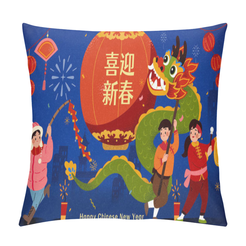 Personality  People Performing Dragon Dance For CNY On Dark Blue Background. Translation: Happy New Year. Pillow Covers