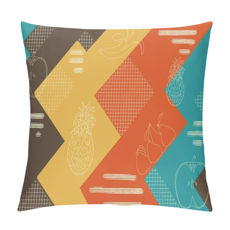 Personality  The Artwork Showcases A Vibrant, Abstract Pattern With Illustrated Fruits Like Apples, Bananas, And Pineapples On A Variety Of Geometric Shapes And Colors. Pillow Covers