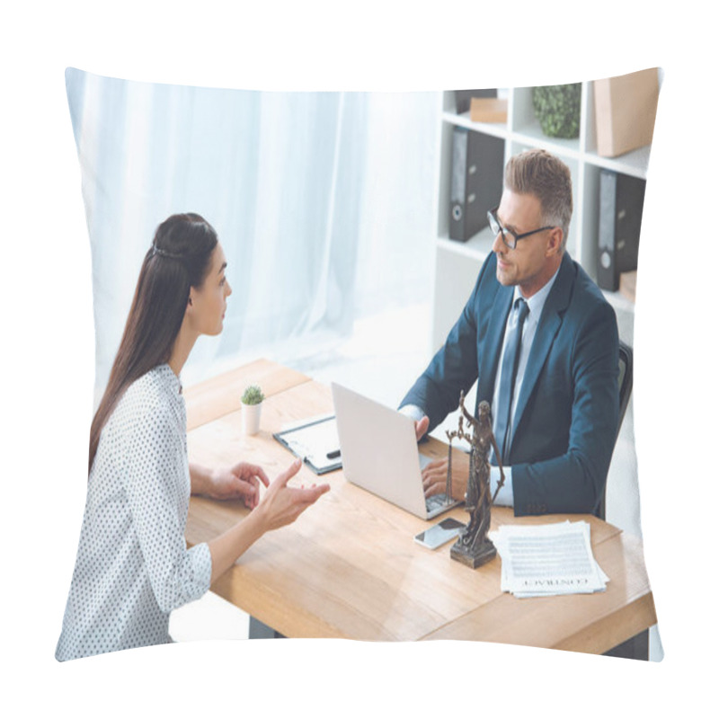 Personality  High Angle View Of Lawyer Working With Client In Office Pillow Covers