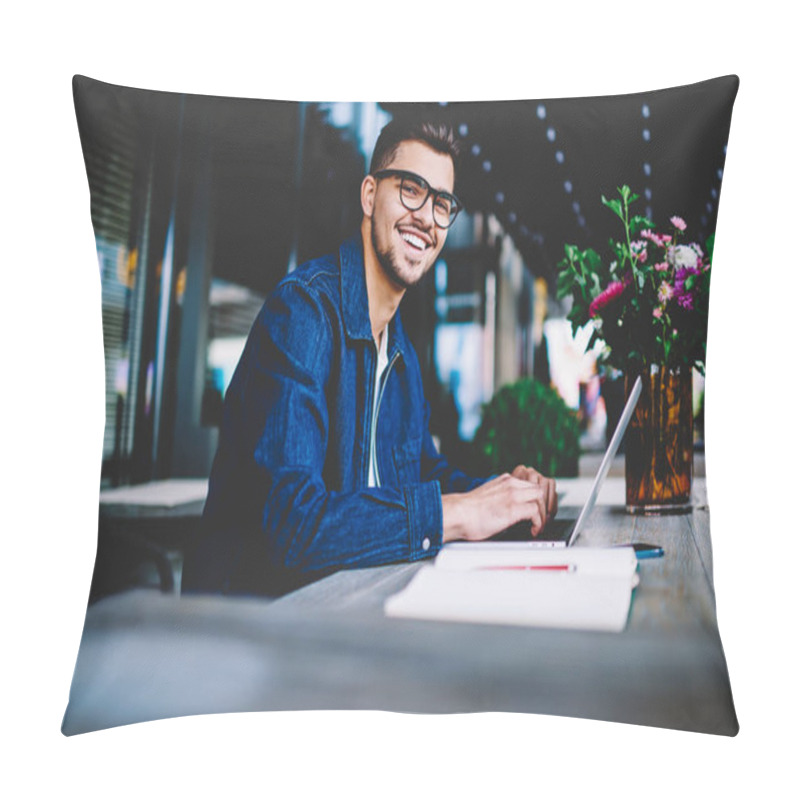 Personality  Portrait Of Cheerful Male Copywriter In Eyewear Typing Text On Laptop Computer For Publication Satisfied With Remote Job, Smiling Hipster Guy Blogging In Social Networks Chatting With Followers Online Pillow Covers