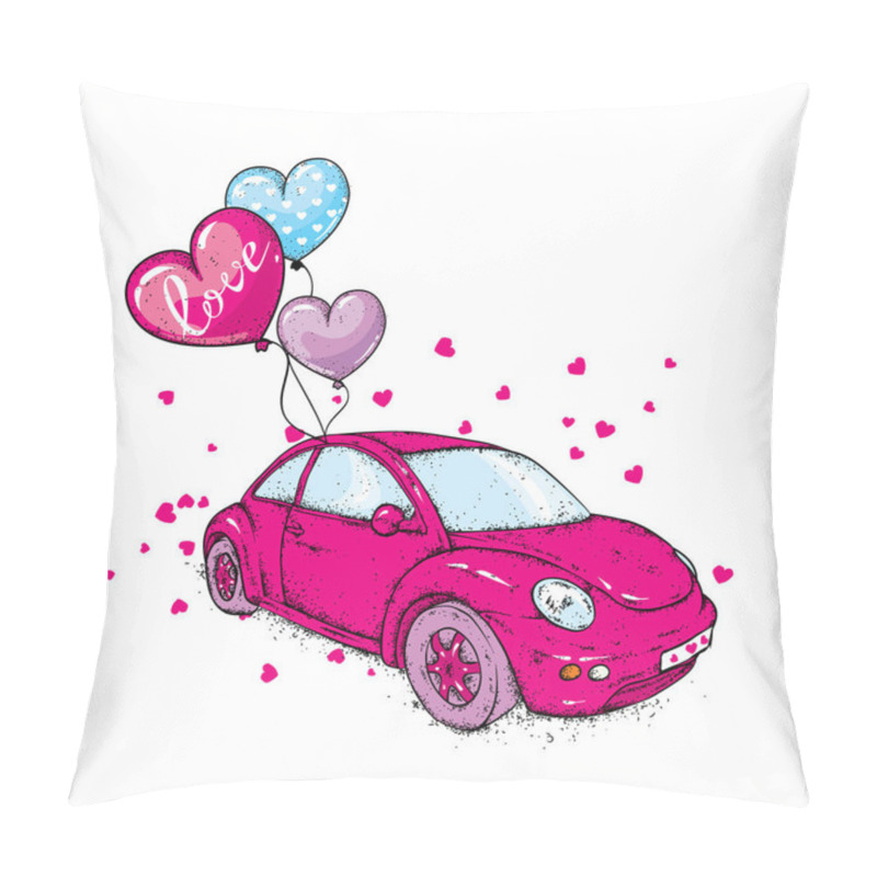 Personality  A Small Female Car With Balls In The Shape Of A Heart. Vector Illustration For A Postcard Or A Poster. Valentine's Day, Love And Friendship. Pillow Covers