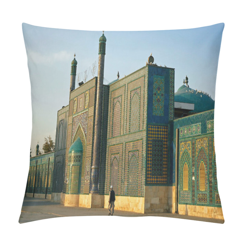 Personality  Mazar-i-Sharif, Balkh Province In Afghanistan. A Man Walks Past The Blue Mosque In Mazar I Sharif In The Sunshine. Colorful Mosaics And Tiles Adorn The Mosque Walls. Northern Afghanistan. Pillow Covers