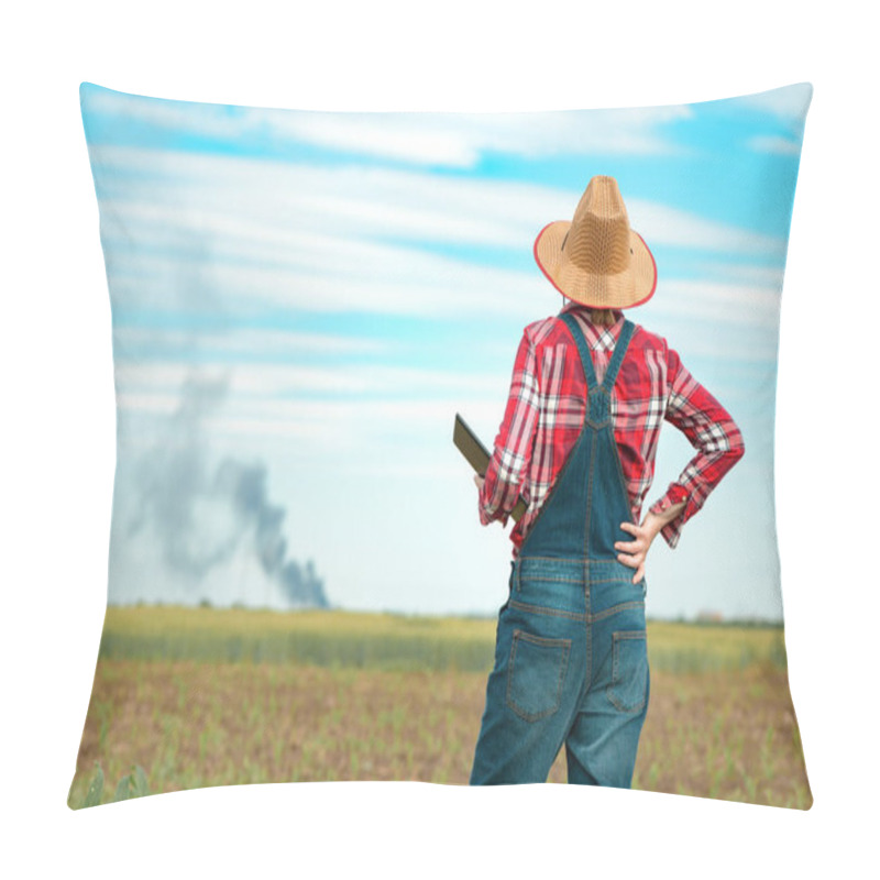 Personality  Concerned Female Farmer With Digital Tablet In Corn Field Looking At Black Smoke On Horizon, Concept Of Insurance In Agriculture And Farming Pillow Covers