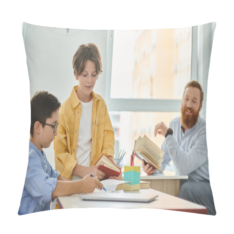 Personality  A Group Of Children Sitting At A Table, Engrossed In Books While A Male Teacher Leads A Lively Discussion. Pillow Covers