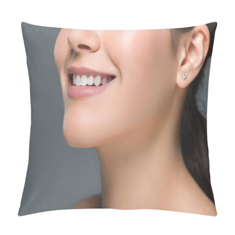 Personality  Cropped Shot Of Smiling Woman With Beautiful White Teeth Isolated On Grey Pillow Covers