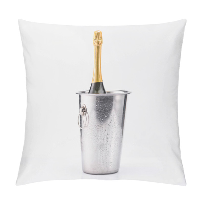 Personality  Close Up View Of Bottle Of Champagne In Bucket On Grey Backdrop Pillow Covers