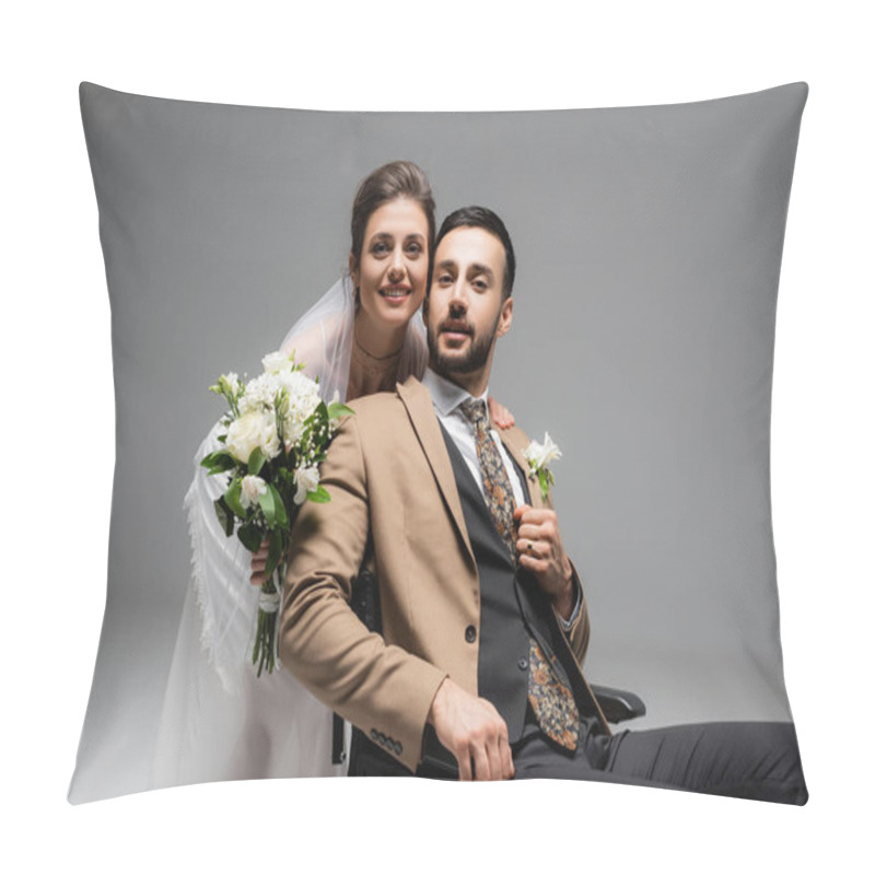 Personality  Muslim Groom In Wheelchair Looking At Camera Near Bride With Flowers Isolated On Grey  Pillow Covers