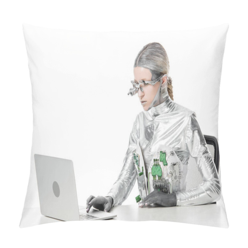 Personality  Silver Robot Sitting At Table And Using Laptop Isolated On White, Future Technology Concept Pillow Covers