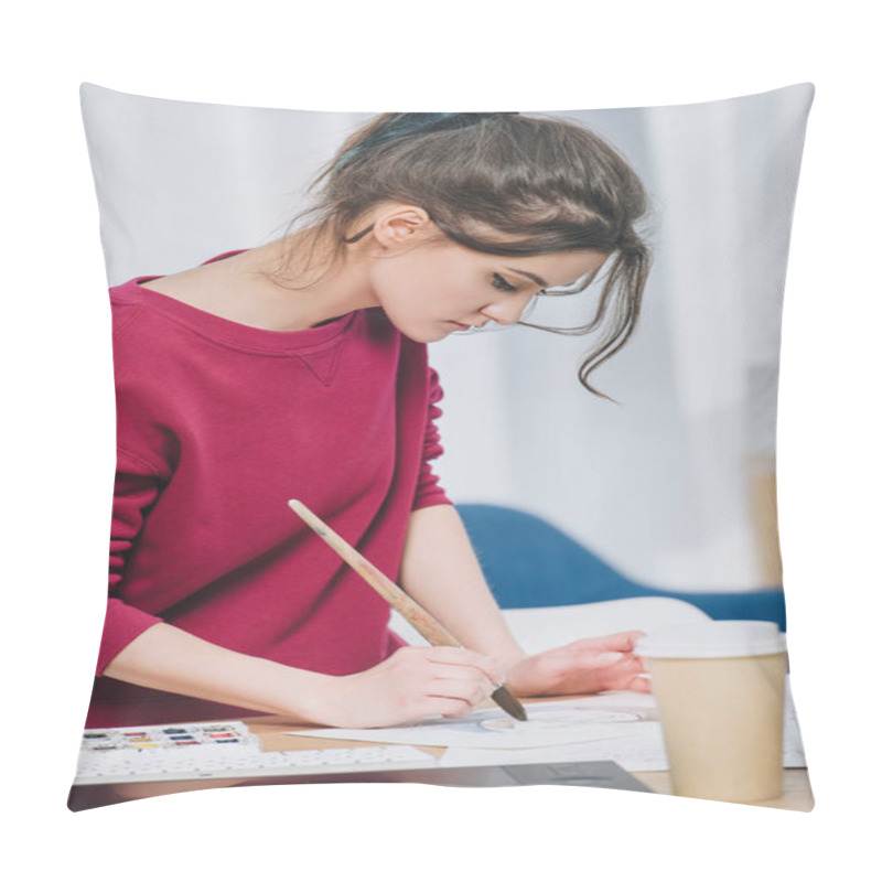 Personality  Pretty Lady Drawing On Table At Home Office Pillow Covers