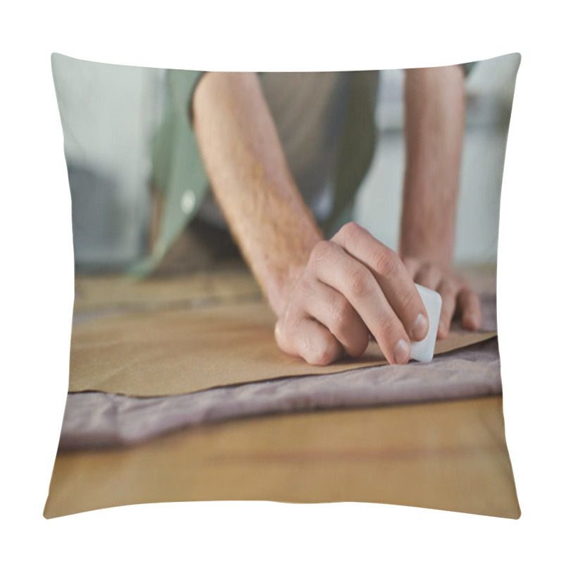 Personality  Cropped View Of Blurred Young Craftsman Holding Chalk And Marking Fabric Near Sewing Pattern On Table In Sprint Studio, Multitasking Business Owner Managing Multiple Project Pillow Covers