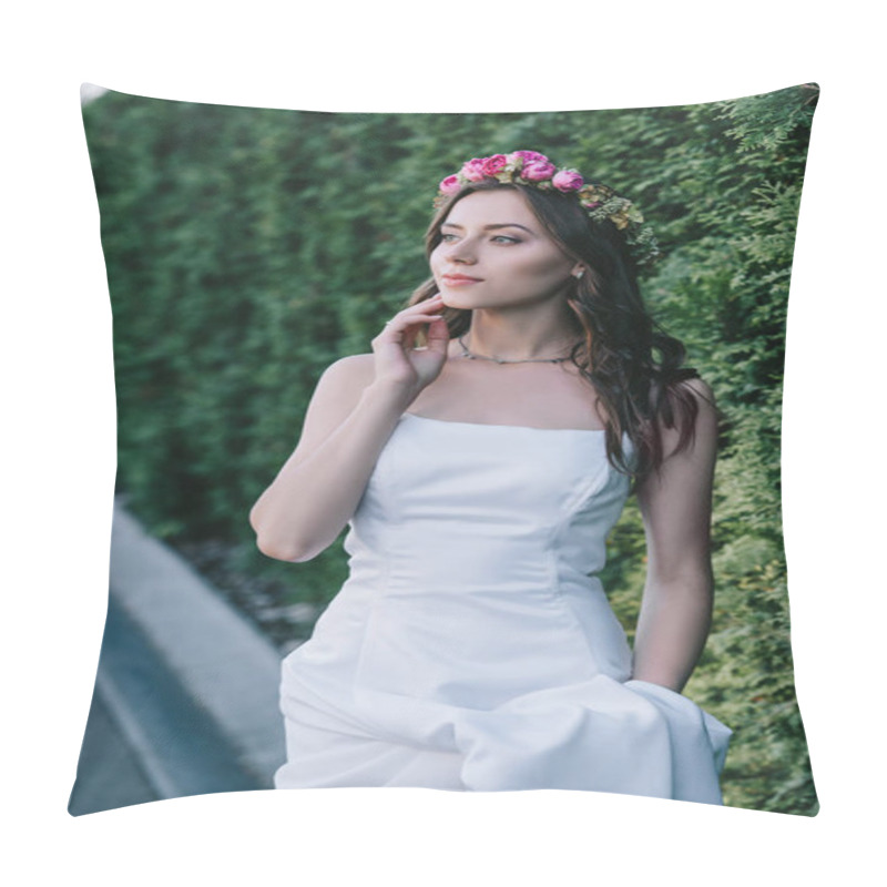 Personality  Elegant Bride Posing In Traditional White Wedding Dress And Flower Wreath Pillow Covers