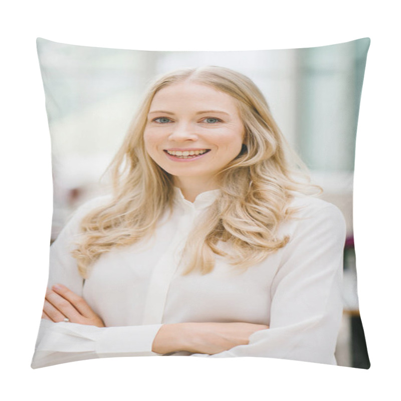 Personality  Professional Portrait Head Shot Of A Caucaasian Woman Expatriate Working In Singapore, Asia. She Is Middle-aged In Her 30's, Attractive, Blond And Beautiful In A Crisp White Shirt In An Office. Pillow Covers