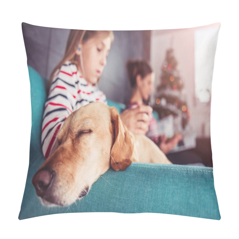 Personality  Small Yellow Dog Laying On Blue Sofa With Mother And Daughter At Home Pillow Covers