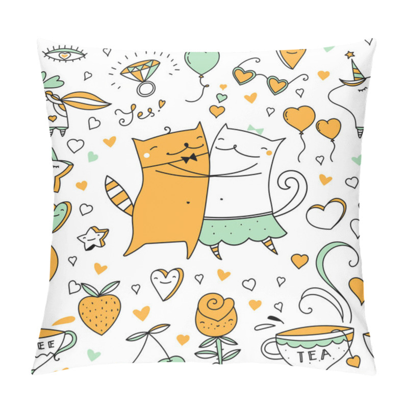 Personality  Cats Couple Illustration. Vector Cartoon Kitten Animals Icons Set. Seamless Greetings Symbols Bakground. Web Stickers Template.  Pillow Covers