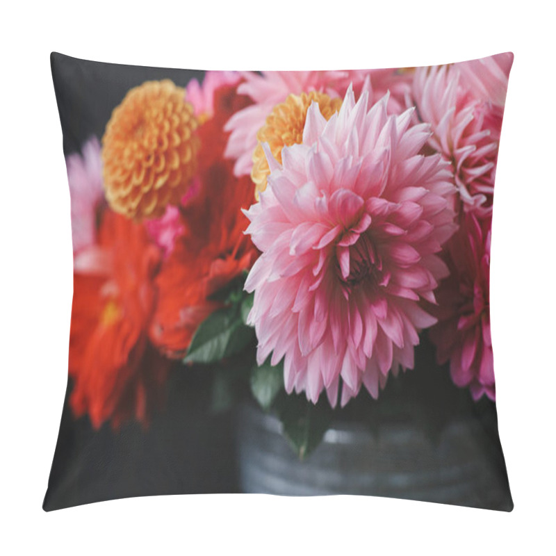 Personality  Autumn Flowers Bouquet. Beautiful Pink, Red, Orange Dahlias And Asters Flowers In Metal Bucket On On Dark Background. Autumn Season In Countryside. Fresh Colorful Dahlias In Rural Room Pillow Covers