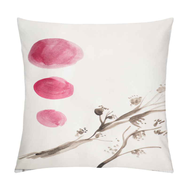 Personality  Top View Of Paper With Japanese Painting With Plant And Pink Circles On Wooden Background Pillow Covers