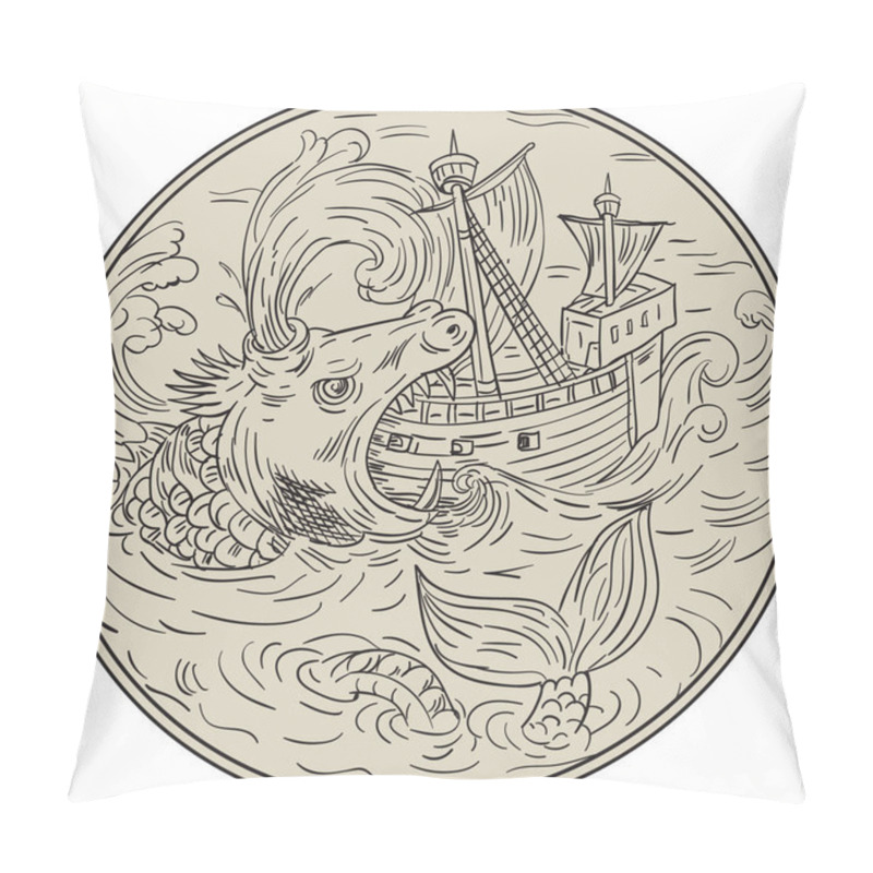 Personality  Ancient Sea Monster Attacking Sailing Ship Circle Drawing Pillow Covers