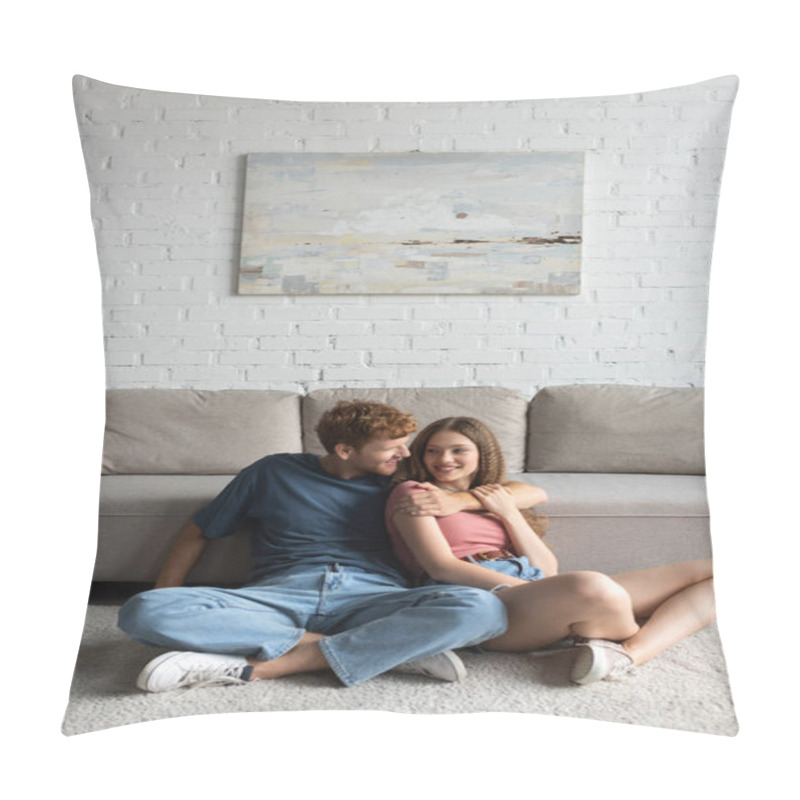 Personality  Redhead And Happy Young Man Hugging And Looking At Cheerful Girlfriend In Modern Living Room  Pillow Covers