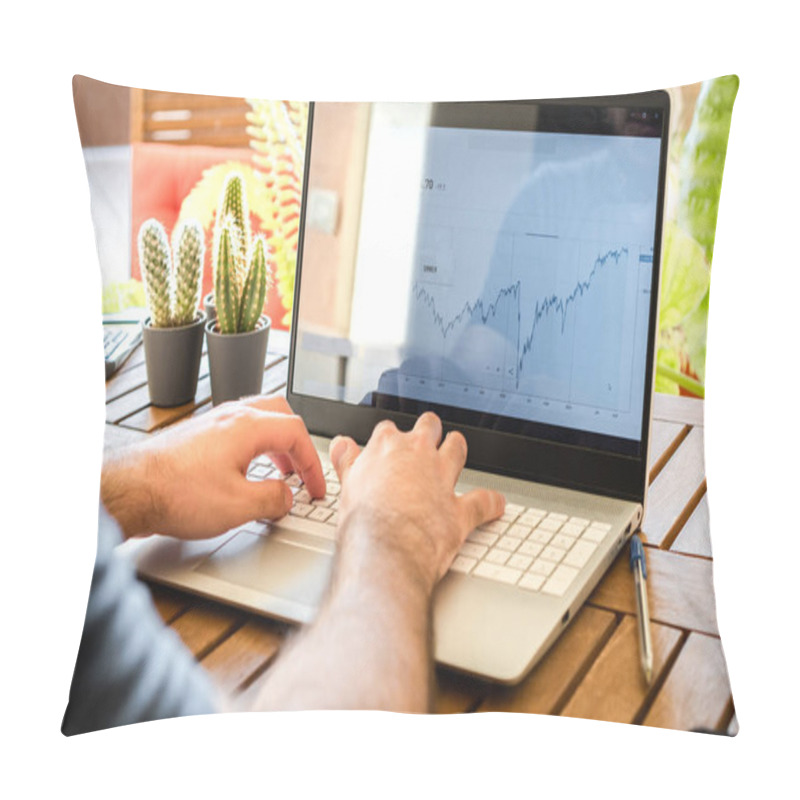 Personality  Young Man Sitting At Table Investing In Stock Market With Laptop During Work Remotely In An Outdoor Place Full Of Plants. Pillow Covers