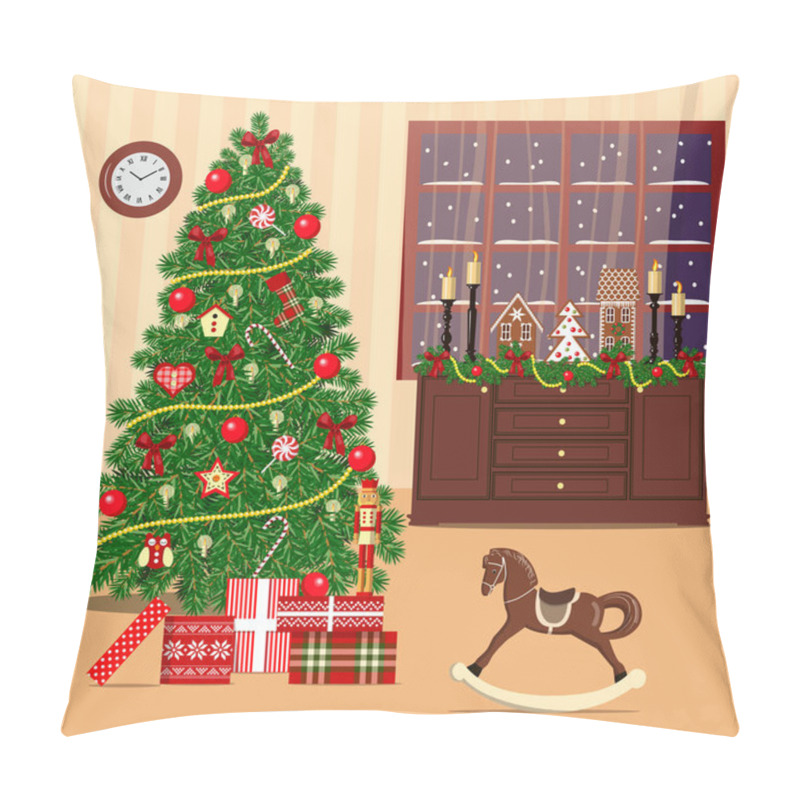 Personality  Christmas Decorated Room With Xmas Tree, Window, Toys Pillow Covers