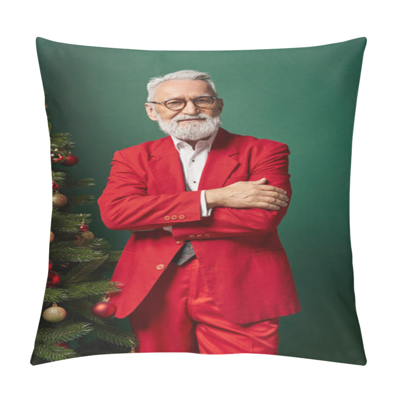 Personality  Elegant Santa In Red Suit With Glasses Posing Near Christmas Tree With Crossed Arms, Winter Concept Pillow Covers