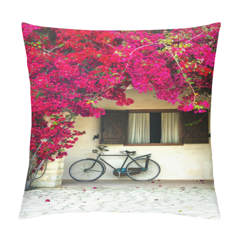 Personality  Charming Street (house) Decoration With Old Bike And Blooming Red Tree,Cypro Island. Pillow Covers