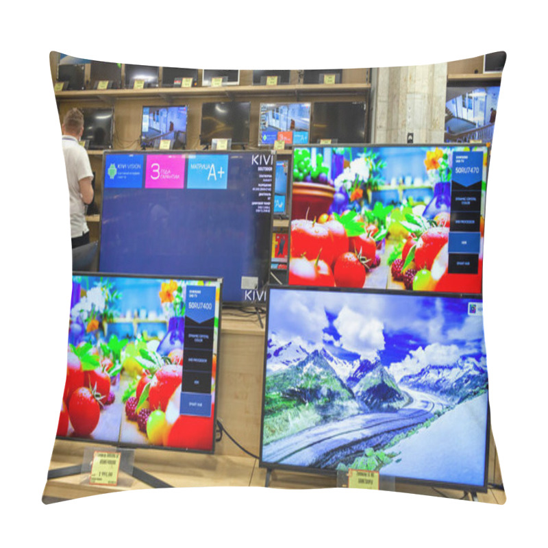 Personality  Televisions Of Different Brands In The Electronics Store. Minsk, Belarus - June 29, 2020 Pillow Covers