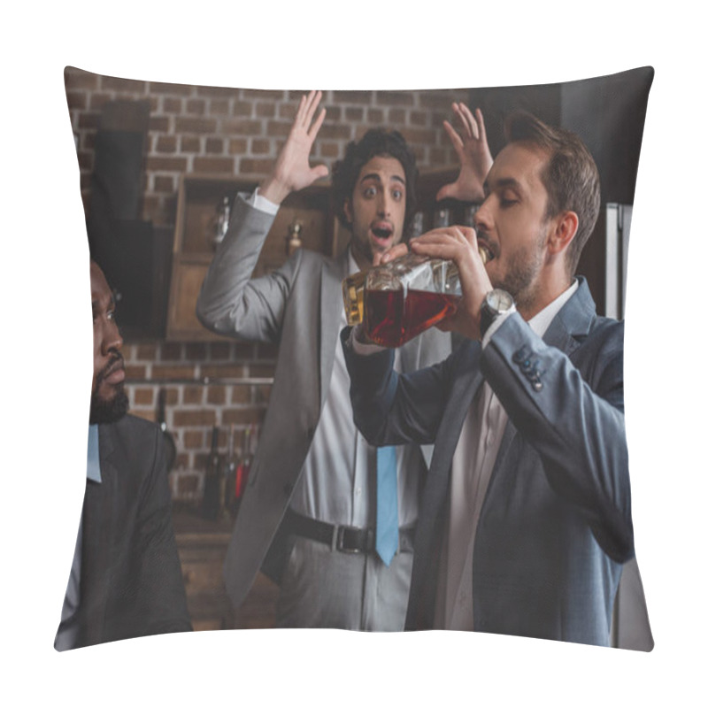 Personality  Multiethnic Businessmen Looking At Friend Drinking Alcohol Beverages From Bottles Pillow Covers