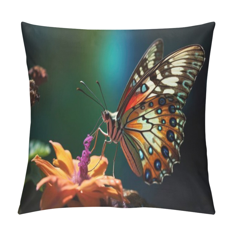 Personality  A Vibrant Orange And Blue Butterfly Perched On A Bright Flower, Sipping Nectar In A Lush Garden Setting. Pillow Covers