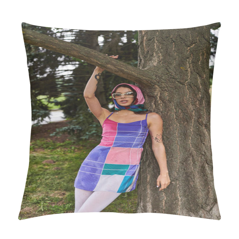 Personality  A Beautiful Young Woman In A Vibrant Dress And Sunglasses Stands Next To A Tree, Enjoying The Summer Breeze. Pillow Covers