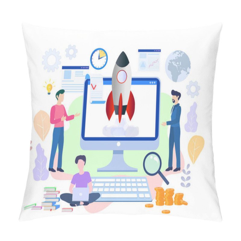 Personality  Business Start Up Concept For Web Page, Banner, Presentation, Social Media. Vector Illustration, Business Project Startup Process, Idea Through Planning And Strategy, Time Management, Realization Pillow Covers