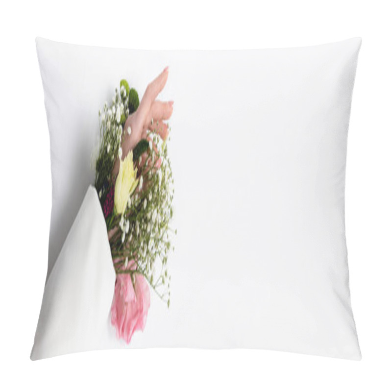 Personality  Cropped View Of Hand Of Woman With Flowers In Sleeve Of Jacket On Grey Background, Banner  Pillow Covers