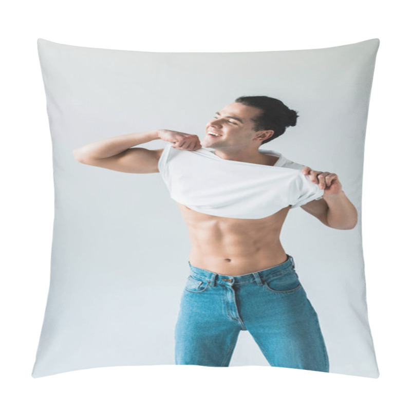 Personality  Happy Man Taking Off White T-shirt And Smiling On White  Pillow Covers