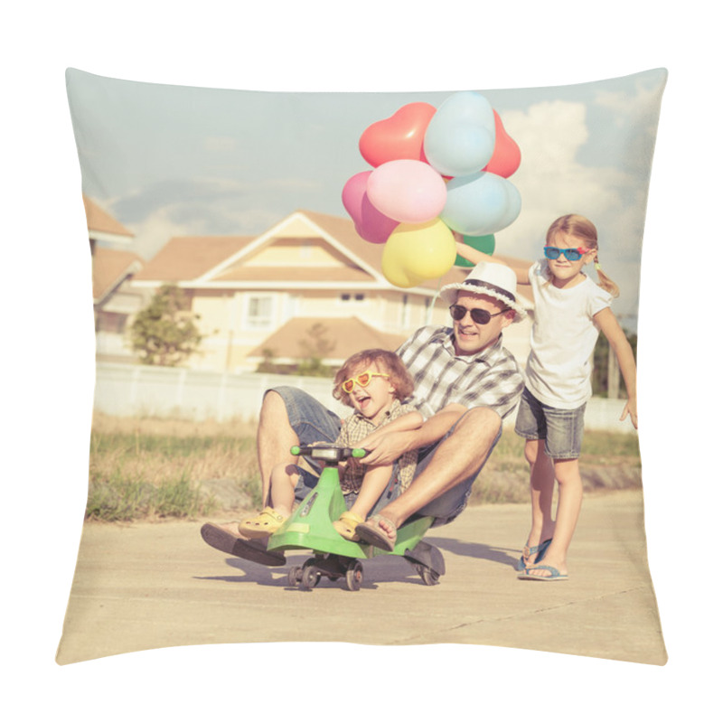 Personality  Father And Children Playing Near A House At The Day Time Pillow Covers