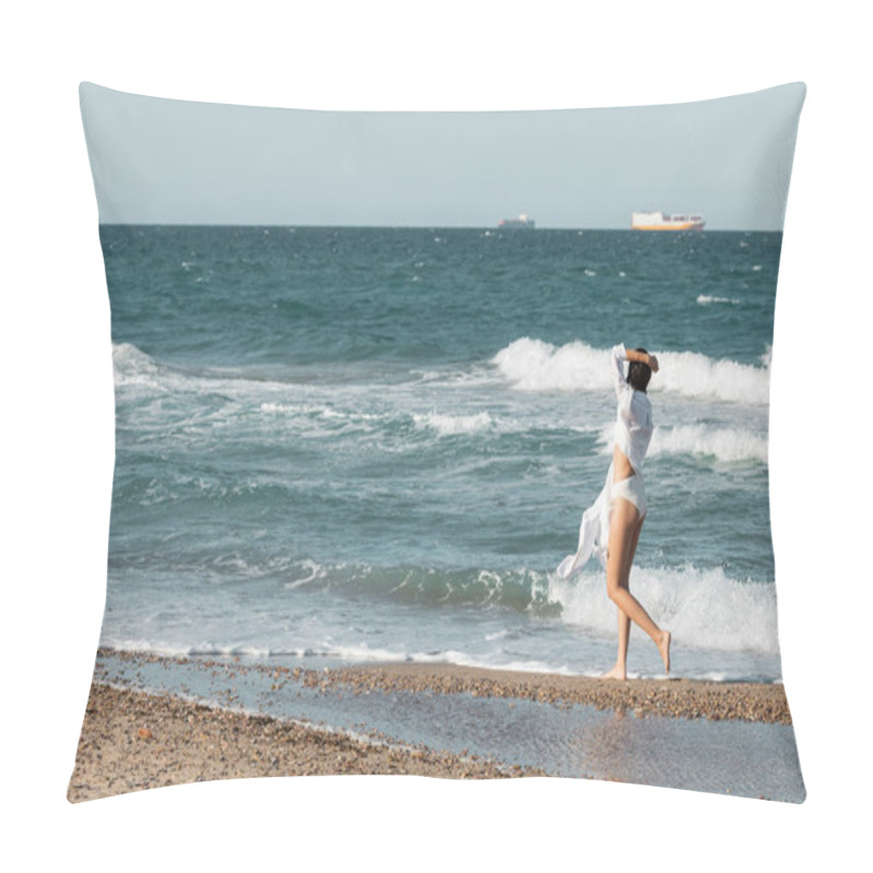 Personality  Full Length Of Young Woman In White Shirt And Swimwear Walking On Sea Shore On Beach  Pillow Covers