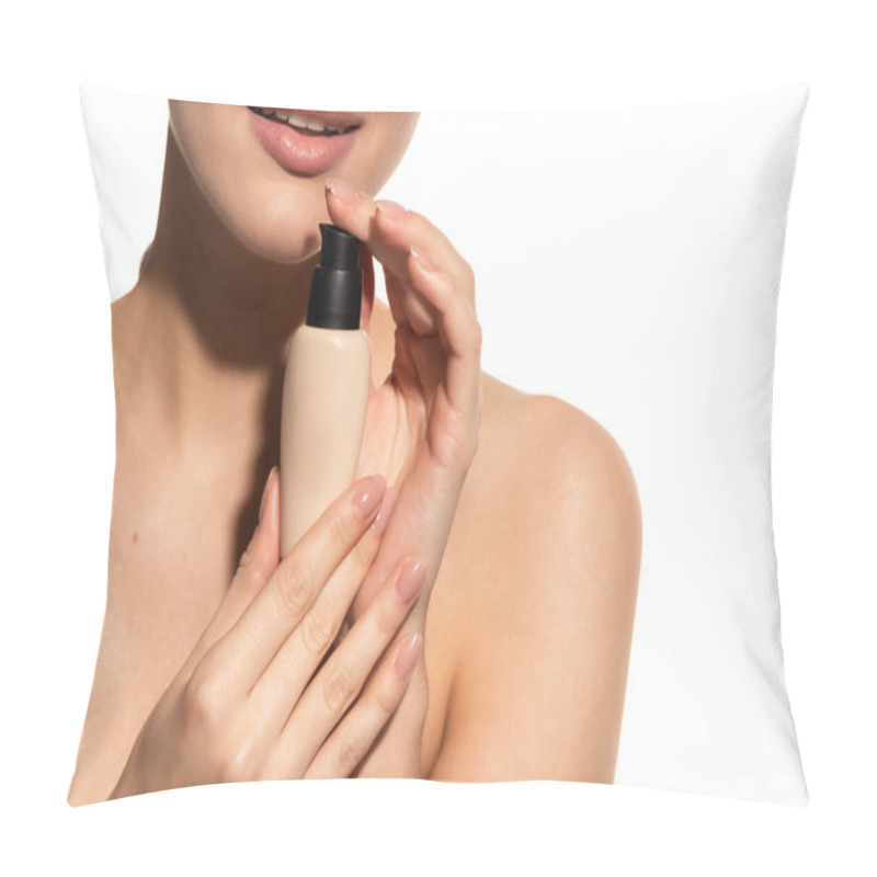 Personality  Cropped View Of Young Woman Holding Bottle With Liquid Makeup Foundation Isolated On White  Pillow Covers