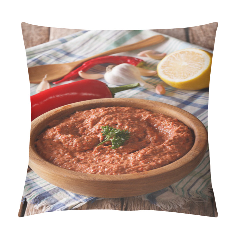 Personality  Red Muhammara And Ingredients Close-up. Vertical Pillow Covers