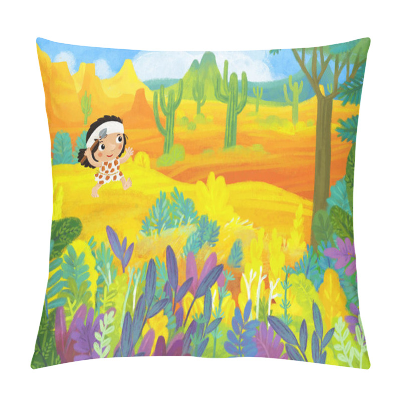 Personality  Cartoon Scene Witn Caveman In The Jungle Stone Age Happy Illustration For Kids Pillow Covers