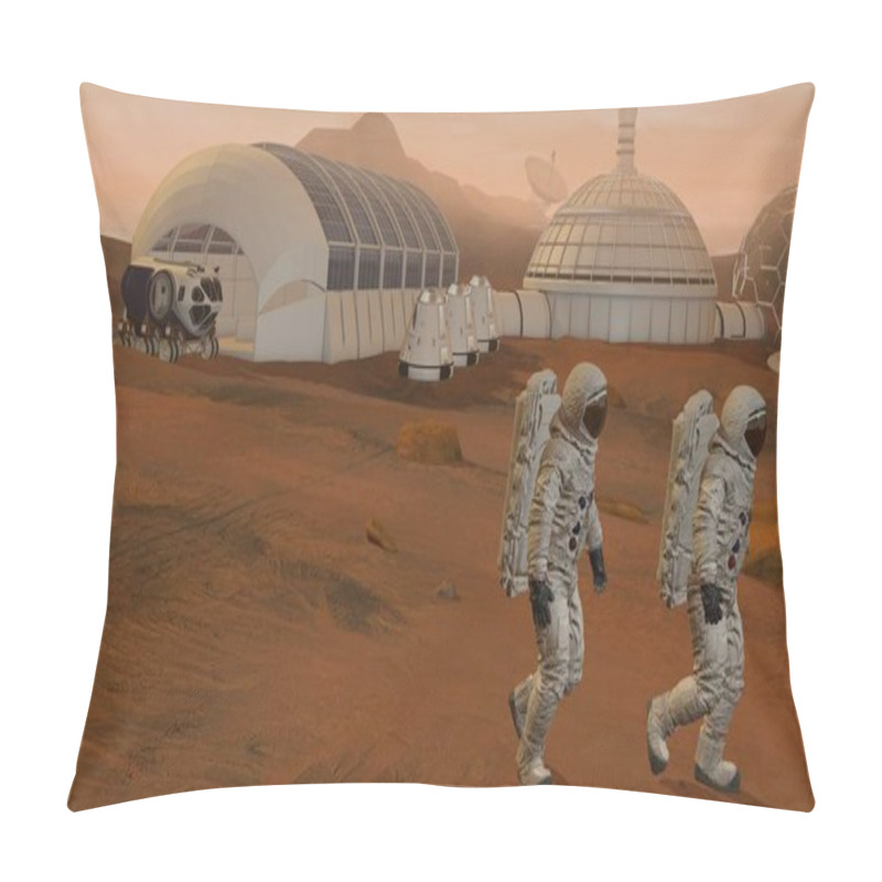 Personality  3D Rendering. Colony On Mars. Two Astronauts Wearing Space Suit Walking On The Surface Of Mars. Pillow Covers