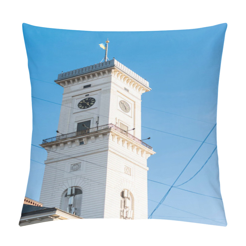 Personality  Lviv City Hall Tower With Round Clock Against Blue Sky Pillow Covers