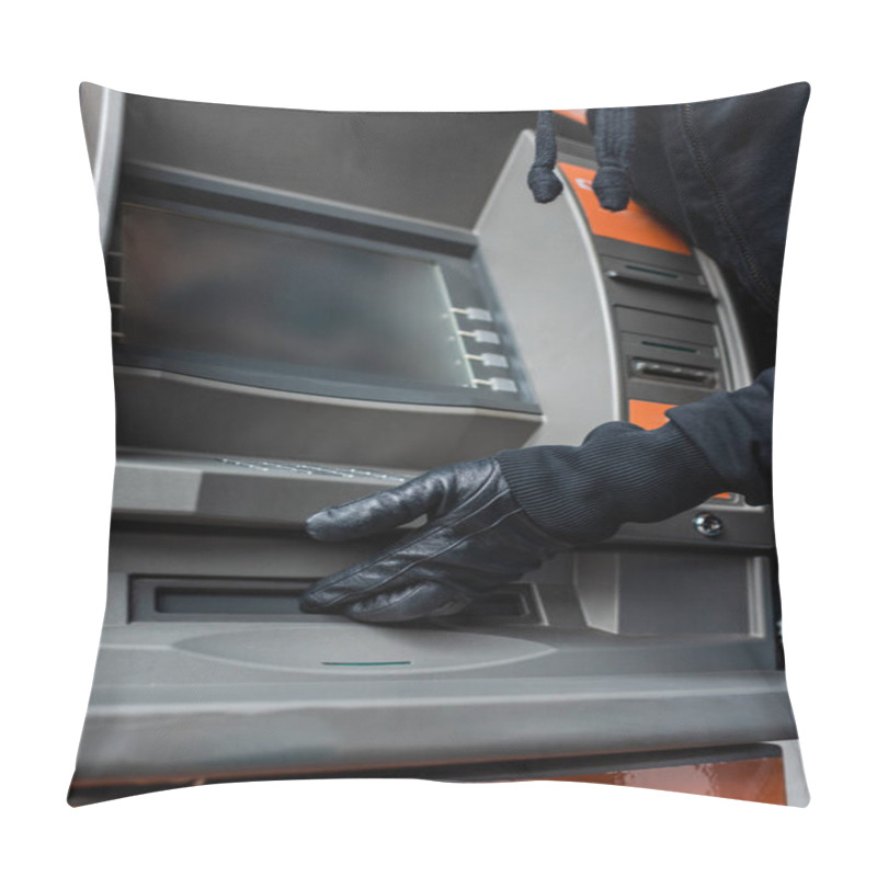 Personality  Cropped View Of Thief In Leather Glove Holding Hand Near Cash Dispenser Of Atm  Pillow Covers