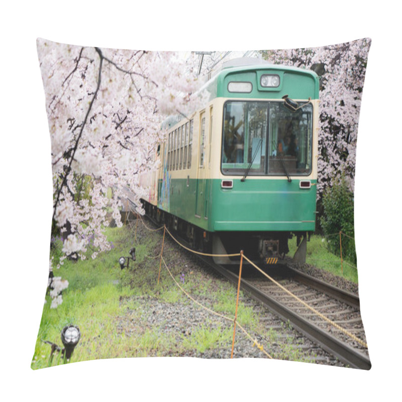 Personality  View Of Kyoto Local Train Traveling On Rail Tracks With Flourish Pillow Covers