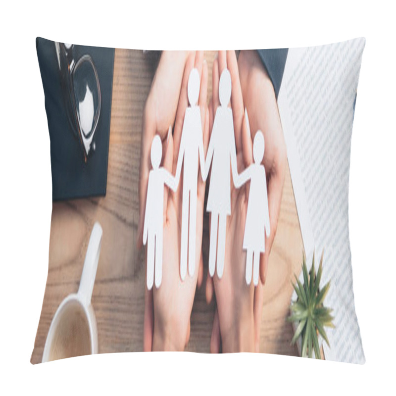 Personality  Panoramic Crop Of Lawyer And Woman Holding Paper Cut Family Near Cup, Insurance Agreement, Notebook And Plant Pillow Covers